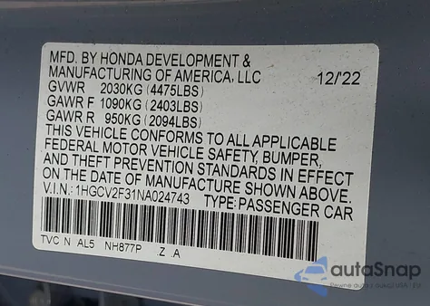 2022 Honda Accord Sport 2.0T from USA, damaged, VIN 1HGCV2F31NA024743